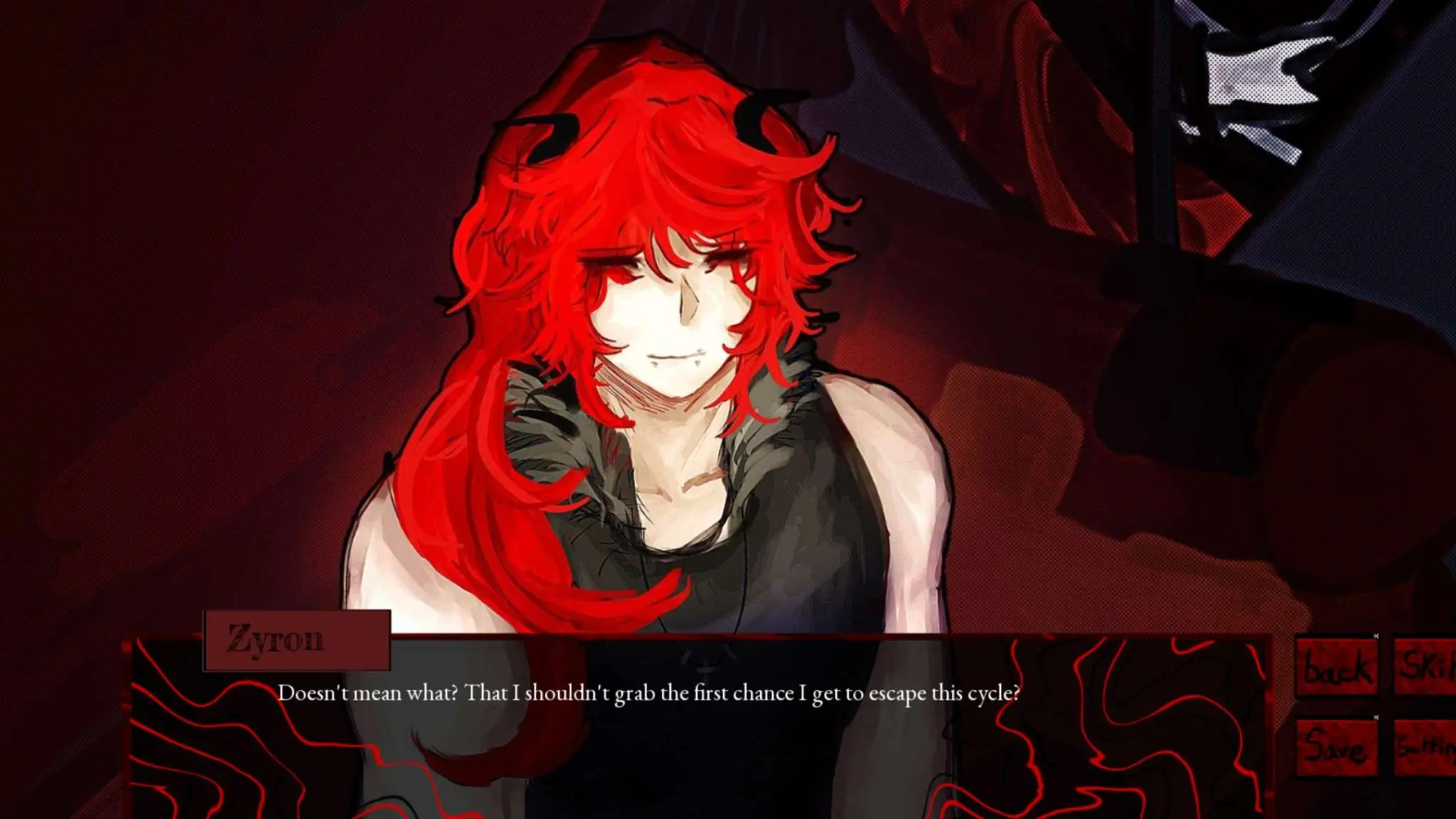 Don't Look Back screenshot showing a visual novel dialogue box with branching reply choices