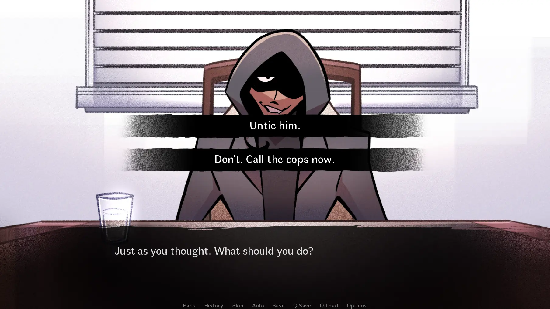 Gavril screenshot showing a dark visual novel scene with tense dialogue