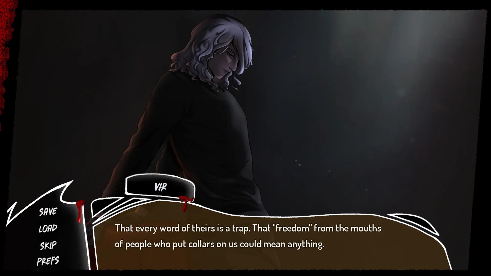 Mind the Gap character dialogue scene in a thriller visual novel